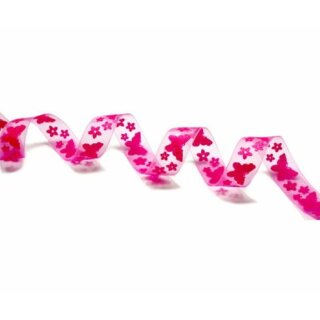 5Meter Chiffon-Band Transparent mit Rosa-Pinkfarbenen Schmetterlingen /Butterfly 15mm Stoffband einseitig bedruckt