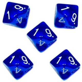 5er Set 10-Seitige W&uuml;rfel Transparent-Dunkel-Blau Zahlen 1-10