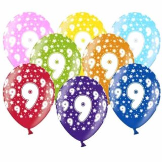 10 Bunte Ballons 9. Geburtstag im Farbmix wei&szlig;e Zahlen