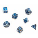 7er Set Metall-W&uuml;rfel Silber-Blau mit Zahlen W4-W20