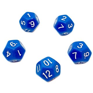 5er Set 12-Seitige W&uuml;rfel Blau Zahlen 1-12