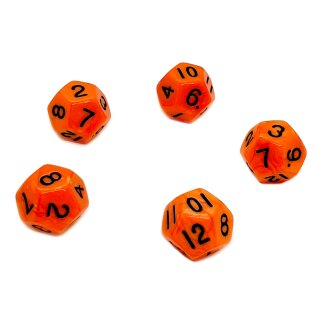 5er Set 12-Seitige W&uuml;rfel Orange schwarze Zahlen 1-12